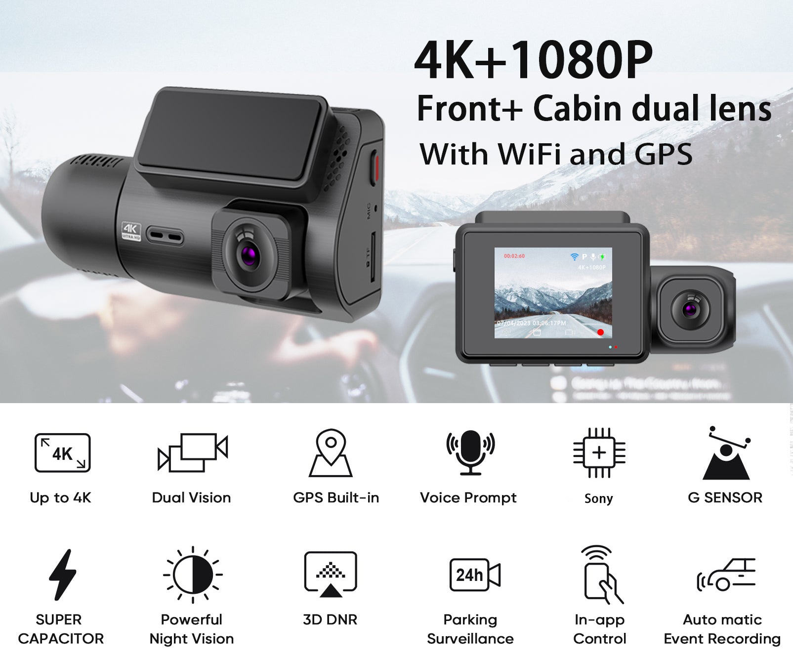 M700A Dash Camera 2 Channel 4K UHD Front 1080P Inside Cabin GPS
