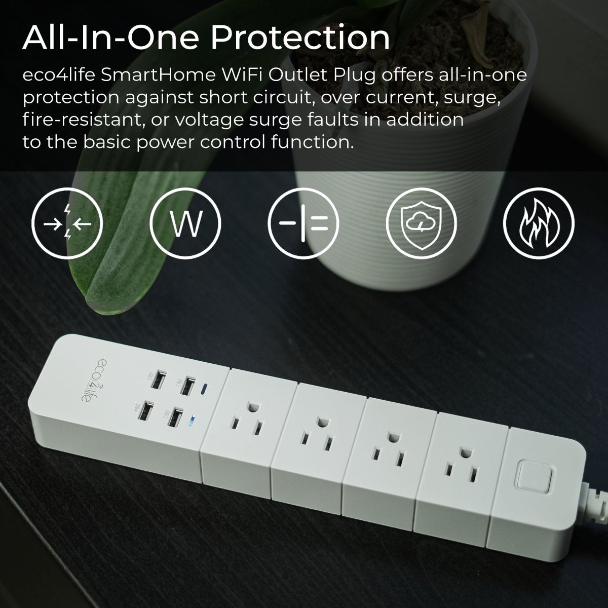 Eco4life C380 Wi-Fi Smart Power Surge Protector 4 Outlets 4 USB Charging Ports eco4lifeEco4life